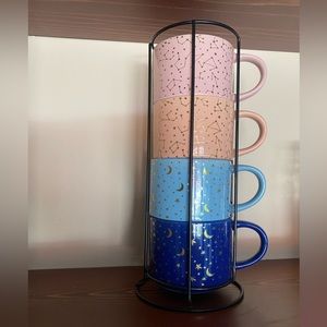 4 mugs with holder - zodiac design in gold color